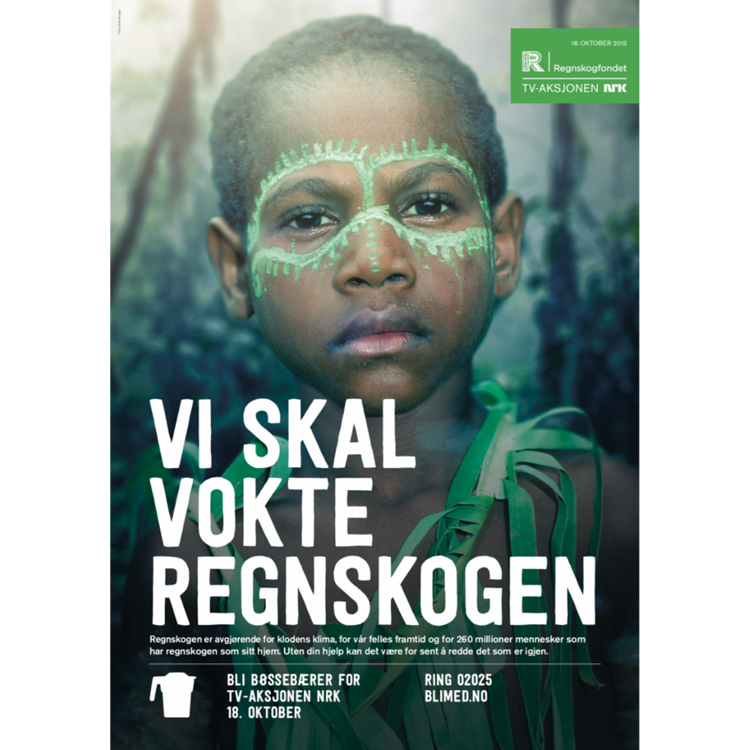 TV-aksjonen 2015 sin kampanjeplakat. En ung gutt med grønn maling i ansiktet, og slagordet "Vi skal vokte regnskogen" 